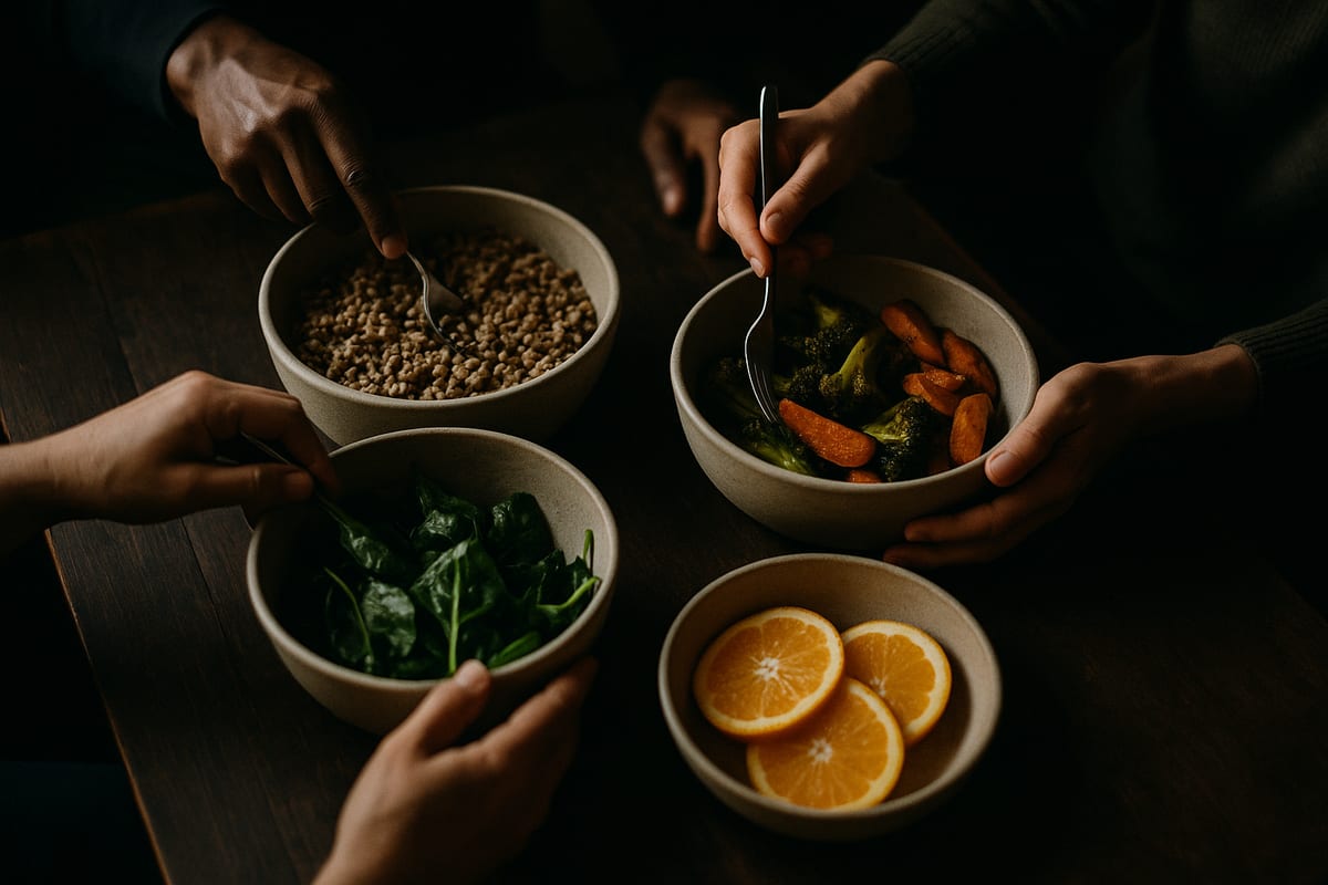 Hands reaching in to share bowls of grains, greens, roasted vegetables and citrus on a dark wooden table.