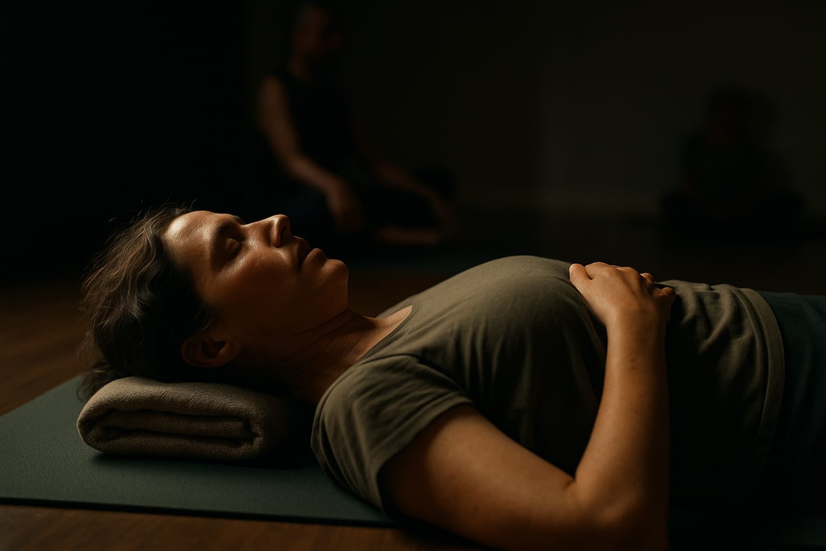 A woman lying on a mat with her eyes closed and a hand resting on her ribs mid-breath.