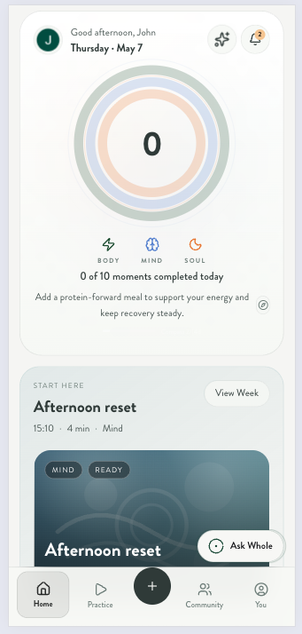 Whole app, halo score dashboard with body, mind and soul progress