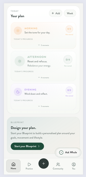 Whole app, daily plan with morning, afternoon and evening moments